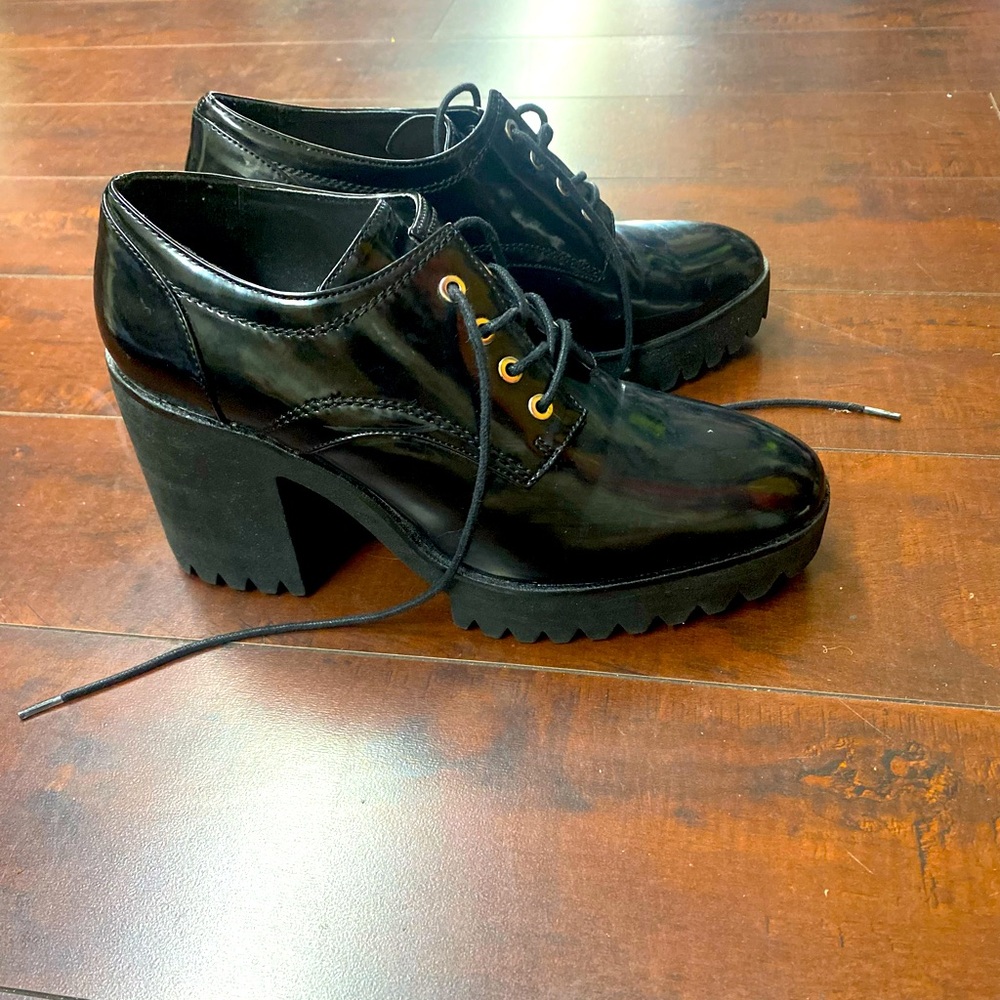 Zara Black Faux Leather Lace Up Chunky Platform Ankle Boot